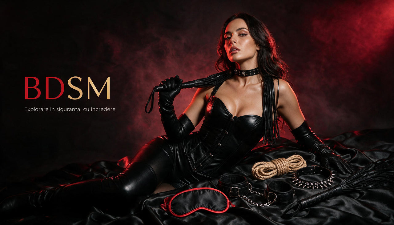 Colectie BDSM Sensivo - femeie in tinuta din piele cu flogger, alaturi de catuse, funie bondage, masca fetish si zgarda choker