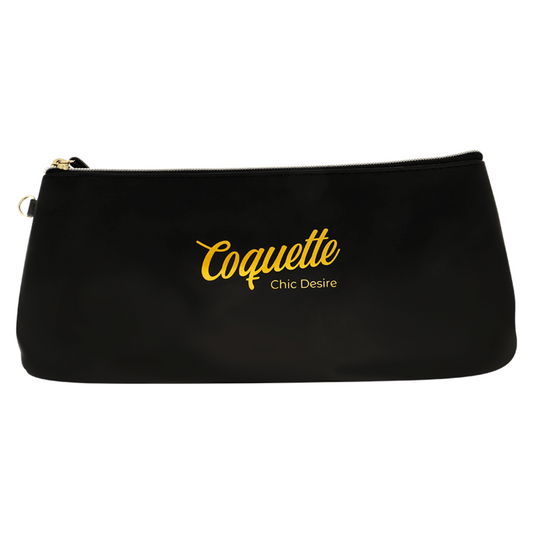 Geanta depozitare jucarii erotice Coquette Chic Desire neagra – 28.5x13cm logo auriu fermoar argintiu