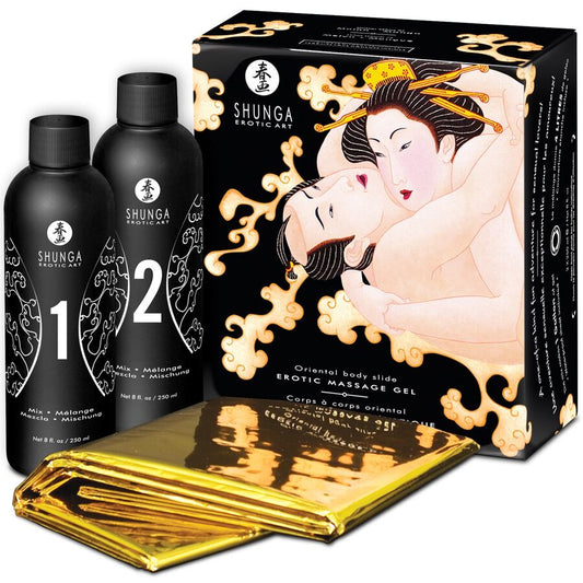 Gel masaj erotic body to body Shunga Oriental – kit 2x250ml cu aroma melon mango si folie aurie