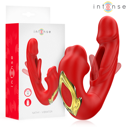 Vibrator dublu cu gura stimulatoare Intense Nathy rosu – vibratii si stimulare simultana