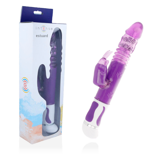 Vibrator rabbit rotativ Intense Estuard mov – vedere frontala vibrator cu stimulator clitoridian